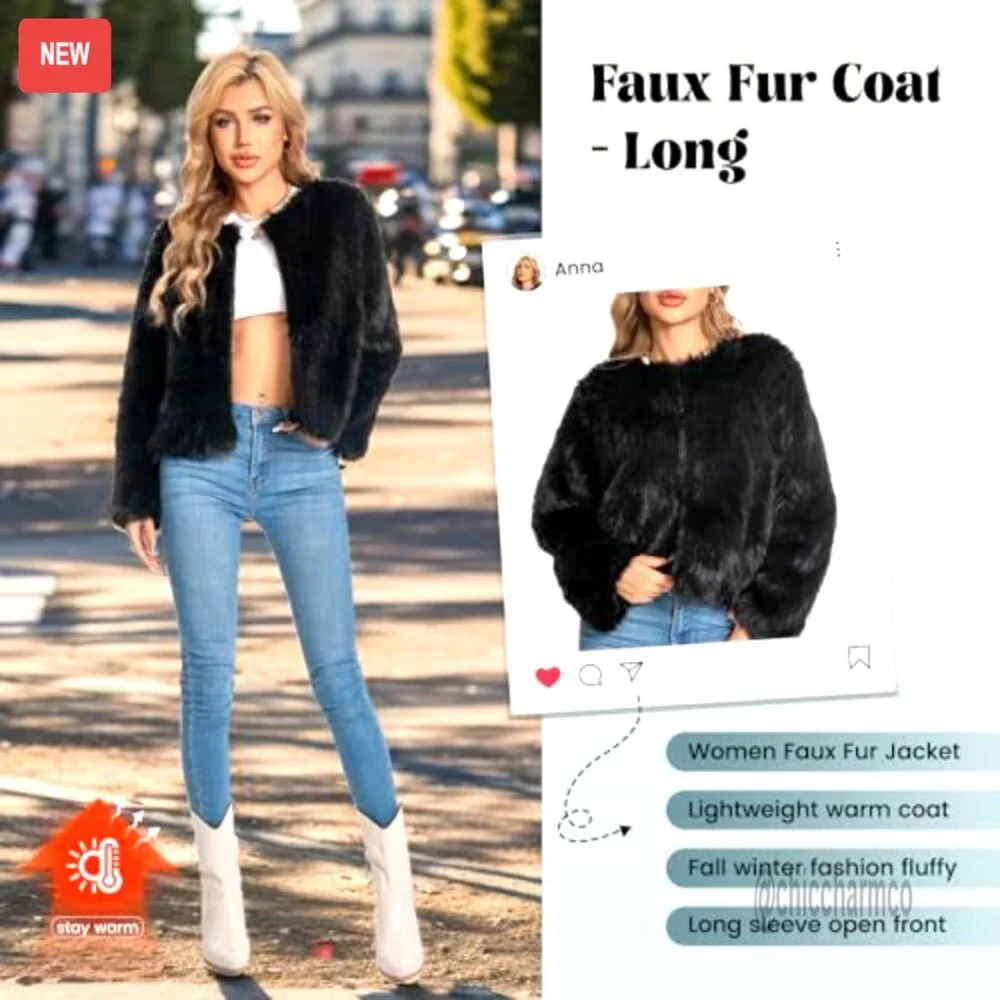 Faux Fur Coat Cropped Fuzzy Winter Jacket Long Sleeve Pockets Y2K Chic - Picture 2 of 7